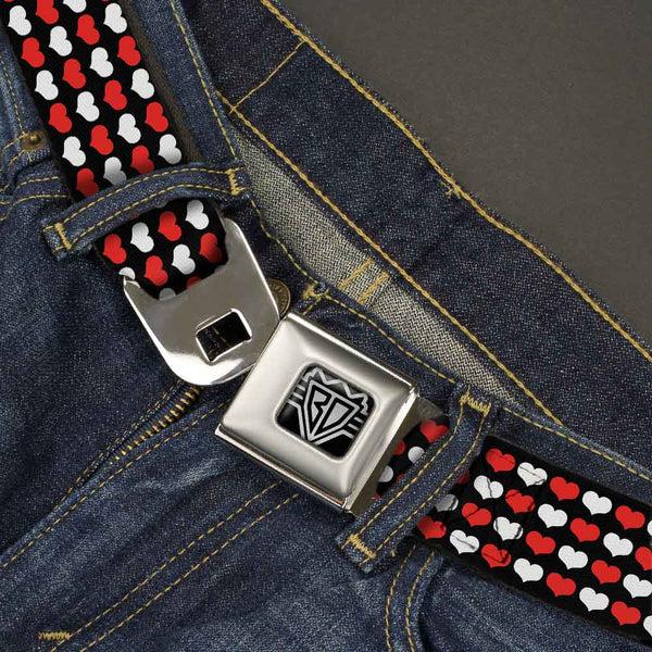 Buckle Down BD Wings Logo CLOSE-UP Full Color Black Silver Seatbelt Belt - Mini Hearts Black/Red/White Webbing