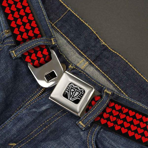 Buckle Down BD Wings Logo CLOSE-UP Full Color Black Silver Seatbelt Belt - Mini Hearts Black/Red Webbing