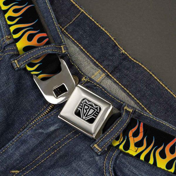 Buckle Down BD Wings Logo CLOSE-UP Full Color Black Silver Seatbelt Belt - Flames Black/Yellow/Orange Webbing
