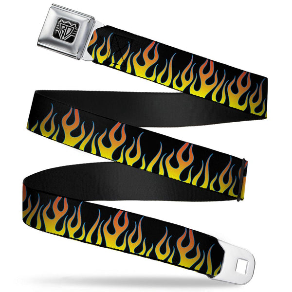 buckle down BD Wings Logo CLOSE-UP Full Color Black Silver Seatbelt Belt - Flames Black/Yellow/Orange Webbing