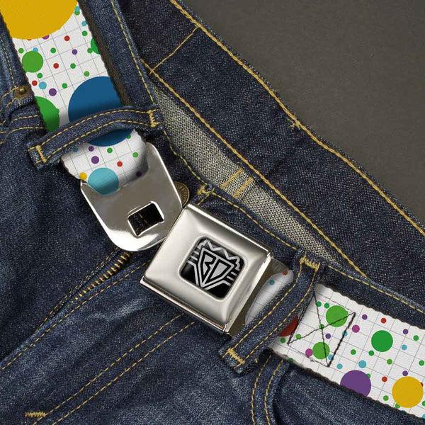 Buckle Down BD Wings Logo CLOSE-UP Full Color Black Silver Seatbelt Belt - Dots/Grid3 White/Gray/Multi Color Webbing