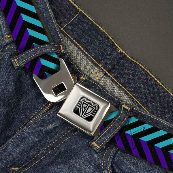 Buckle Down BD Wings Logo CLOSE-UP Full Color Black Silver Seatbelt Belt - Chevron3 Split Turquoise/Purple/Black Webbing