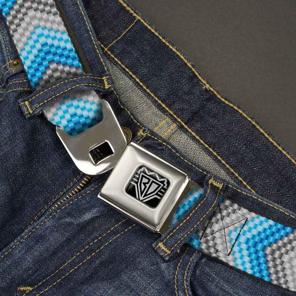 Buckle Down BD Wings Logo CLOSE-UP Full Color Black Silver Seatbelt Belt - Chevron Weave Grays/Blues Webbing