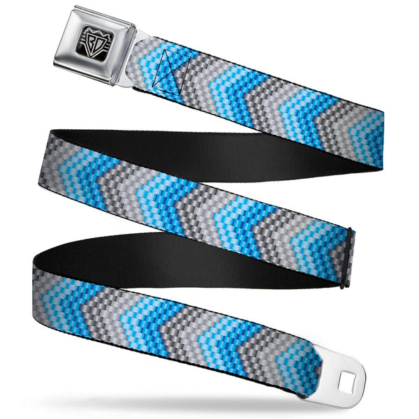 buckle down BD Wings Logo CLOSE-UP Full Color Black Silver Seatbelt Belt - Chevron Weave Grays/Blues Webbing