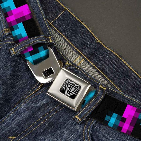 Buckle Down BD Wings Logo CLOSE-UP Full Color Black Silver Seatbelt Belt - Pixilated Checker Black/Fuchsia/Turquoise Webbing