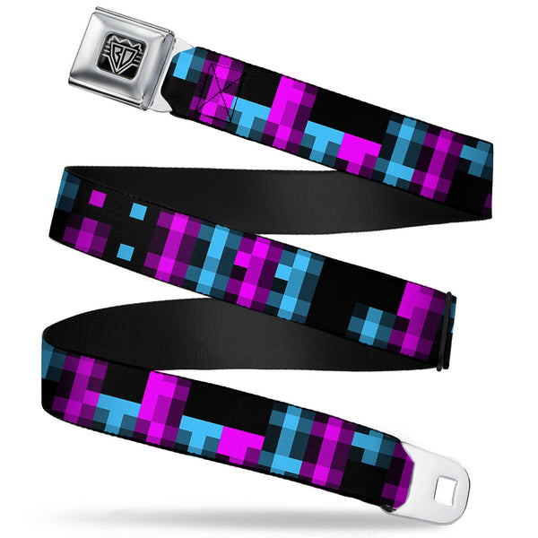 buckle down BD Wings Logo CLOSE-UP Full Color Black Silver Seatbelt Belt - Pixilated Checker Black/Fuchsia/Turquoise Webbing