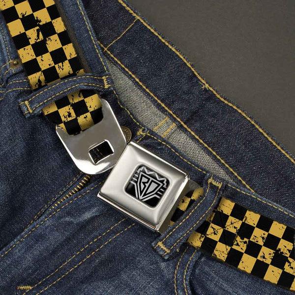Buckle Down BD Wings Logo CLOSE-UP Full Color Black Silver Seatbelt Belt - Checker Weathered Black/Yellow Webbing
