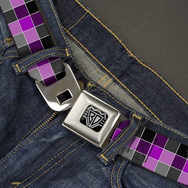 Buckle Down BD Wings Logo CLOSE-UP Full Color Black Silver Seatbelt Belt - Checker Mosaic Purple Webbing