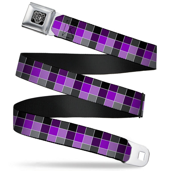 buckle down BD Wings Logo CLOSE-UP Full Color Black Silver Seatbelt Belt - Checker Mosaic Purple Webbing