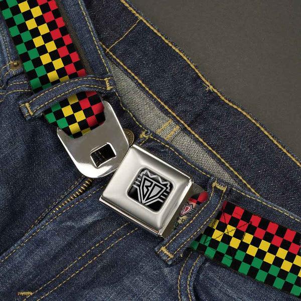 Buckle Down BD Wings Logo CLOSE-UP Full Color Black Silver Seatbelt Belt - Checker Black/Rasta Webbing