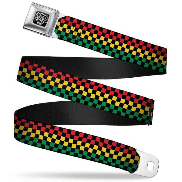 buckle down BD Wings Logo CLOSE-UP Full Color Black Silver Seatbelt Belt - Checker Black/Rasta Webbing