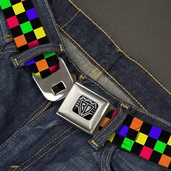 Buckle Down BD Wings Logo CLOSE-UP Full Color Black Silver Seatbelt Belt - Checker Black/Multi Neon Webbing