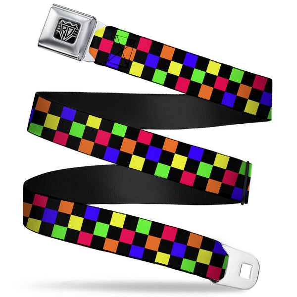 buckle down BD Wings Logo CLOSE-UP Full Color Black Silver Seatbelt Belt - Checker Black/Multi Neon Webbing