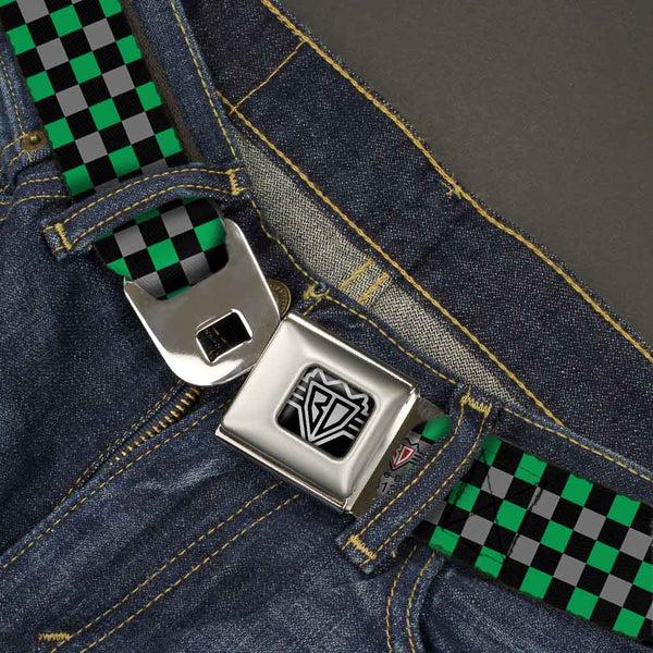 Buckle Down BD Wings Logo CLOSE-UP Full Color Black Silver Seatbelt Belt - Mini Checker Black/Gray/3 Green Webbing