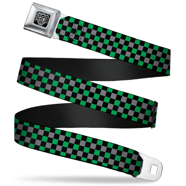 buckle down BD Wings Logo CLOSE-UP Full Color Black Silver Seatbelt Belt - Mini Checker Black/Gray/3 Green Webbing