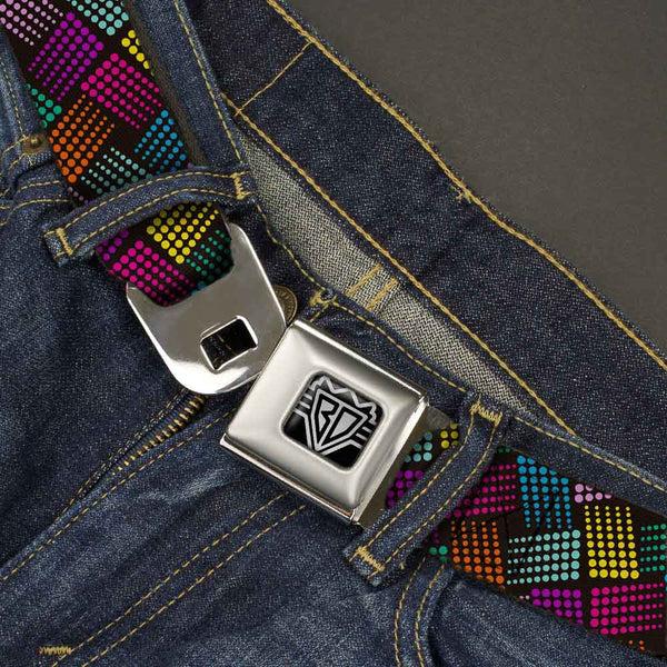 Buckle Down BD Wings Logo CLOSE-UP Full Color Black Silver Seatbelt Belt - Halftone Blocks Charcoal/Pinks/Greens/Orange/Yellow Webbing
