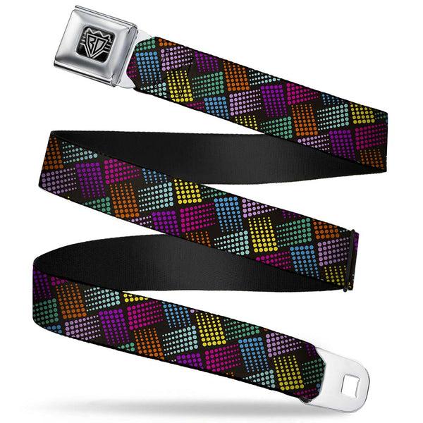 buckle down BD Wings Logo CLOSE-UP Full Color Black Silver Seatbelt Belt - Halftone Blocks Charcoal/Pinks/Greens/Orange/Yellow Webbing