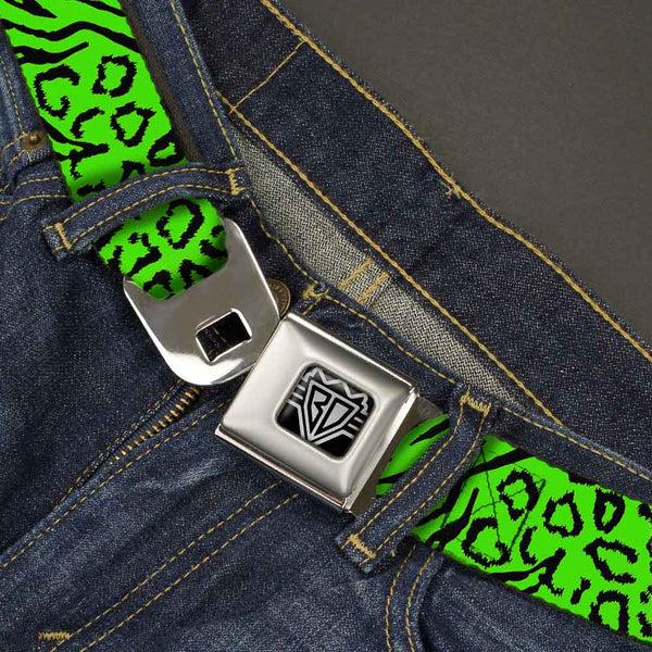 Buckle Down BD Wings Logo CLOSE-UP Full Color Black Silver Seatbelt Belt - Cheebra Green/Black Webbing