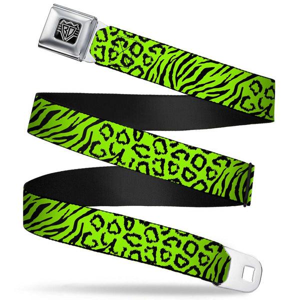 buckle down BD Wings Logo CLOSE-UP Full Color Black Silver Seatbelt Belt - Cheebra Green/Black Webbing