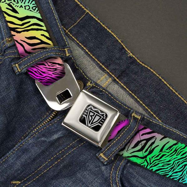Buckle Down BD Wings Logo CLOSE-UP Full Color Black Silver Seatbelt Belt - Animal Skins Rainbow/Black Webbing