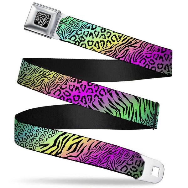buckle down BD Wings Logo CLOSE-UP Full Color Black Silver Seatbelt Belt - Animal Skins Rainbow/Black Webbing
