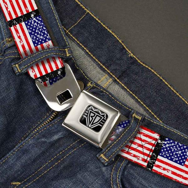 Buckle Down BD Wings Logo CLOSE-UP Full Color Black Silver Seatbelt Belt - United States Flags Weathered/Black Webbing