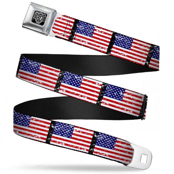 buckle down BD Wings Logo CLOSE-UP Full Color Black Silver Seatbelt Belt - United States Flags Weathered/Black Webbing