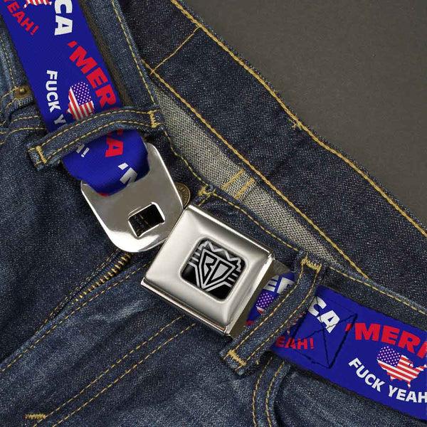 Buckle Down BD Wings Logo CLOSE-UP Full Color Black Silver Seatbelt Belt - 'MERICA FUCK YEAH /USA Silhouette Blue/White/Red/US Flag Webbing