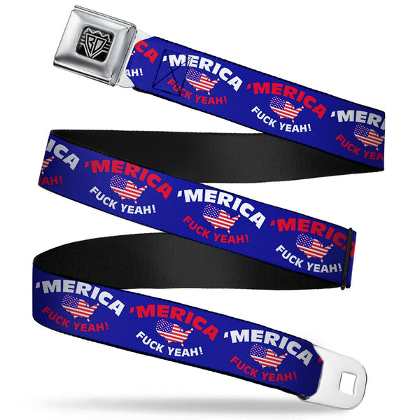 buckle down BD Wings Logo CLOSE-UP Full Color Black Silver Seatbelt Belt - 'MERICA FUCK YEAH /USA Silhouette Blue/White/Red/US Flag Webbing