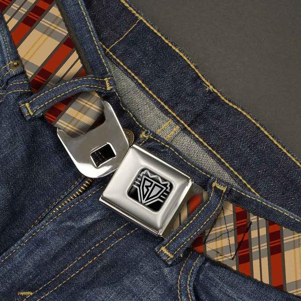Buckle Down BD Wings Logo CLOSE-UP Full Color Black Silver Seatbelt Belt - Americana Plaid X Webbing