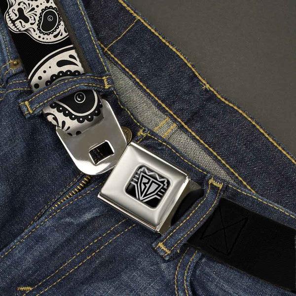 Buckle Down BD Wings Logo CLOSE-UP Full Color Black Silver Seatbelt Belt - Panda Bear Sugar Skull CLOSE-UP Scattered Black/Cream Webbing