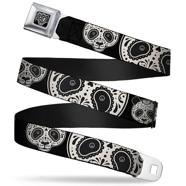 buckle down BD Wings Logo CLOSE-UP Full Color Black Silver Seatbelt Belt - Panda Bear Sugar Skull CLOSE-UP Scattered Black/Cream Webbing