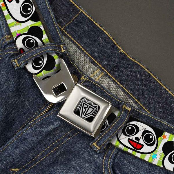 Buckle Down BD Wings Logo CLOSE-UP Full Color Black Silver Seatbelt Belt - Panda Bear Cartoon Bamboo Webbing