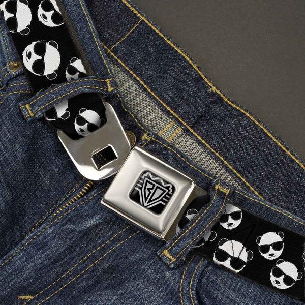 Buckle Down BD Wings Logo CLOSE-UP Full Color Black Silver Seatbelt Belt - Multi Panda W/Sunglasses Black/White Webbing