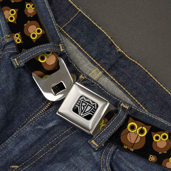 Buckle Down BD Wings Logo CLOSE-UP Full Color Black Silver Seatbelt Belt - Owls Scattered Black/Brown/Yellow Webbing