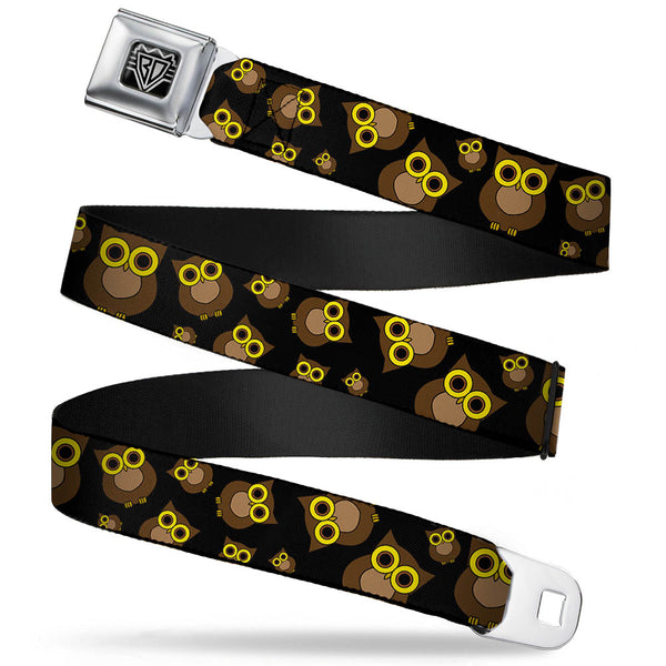 buckle down BD Wings Logo CLOSE-UP Full Color Black Silver Seatbelt Belt - Owls Scattered Black/Brown/Yellow Webbing