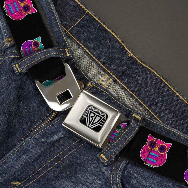 Buckle Down BD Wings Logo CLOSE-UP Full Color Black Silver Seatbelt Belt - Owls Black/Fuchsia/Purple/Turquoise Webbing