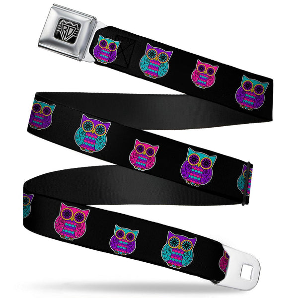 buckle down BD Wings Logo CLOSE-UP Full Color Black Silver Seatbelt Belt - Owls Black/Fuchsia/Purple/Turquoise Webbing