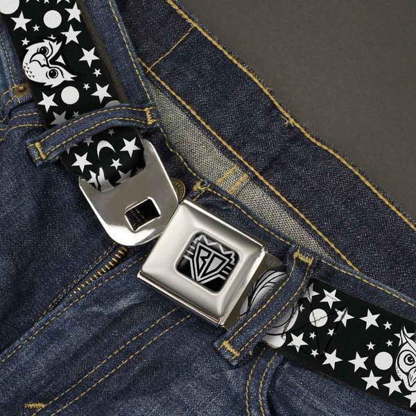 Buckle Down BD Wings Logo CLOSE-UP Full Color Black Silver Seatbelt Belt - Owl Expressions Black/White Webbing