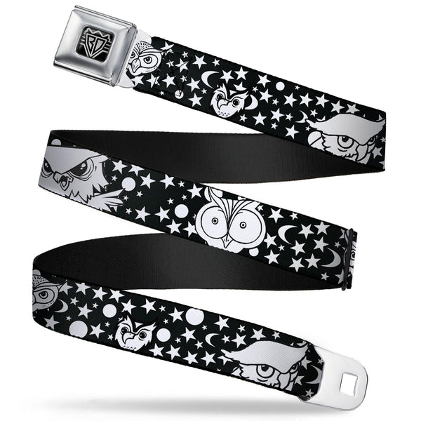 buckle down BD Wings Logo CLOSE-UP Full Color Black Silver Seatbelt Belt - Owl Expressions Black/White Webbing