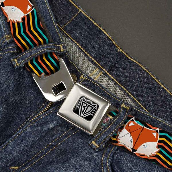 Buckle Down BD Wings Logo CLOSE-UP Full Color Black Silver Seatbelt Belt - Fox Face/Stripes Black/Multi Color Webbing