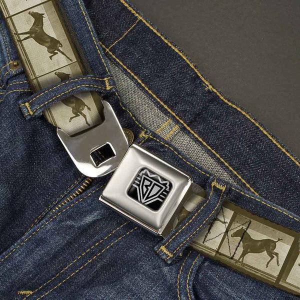 Buckle Down BD Wings Logo CLOSE-UP Full Color Black Silver Seatbelt Belt - Bucking Donkey Vintage Film Strip Webbing
