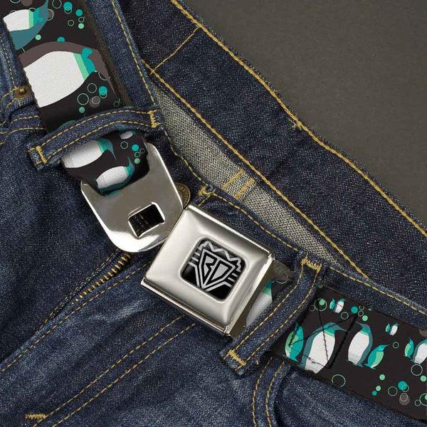 Buckle Down BD Wings Logo CLOSE-UP Full Color Black Silver Seatbelt Belt - Emperor Penguins W/Bubbles Black/Gray/Turqs Webbing