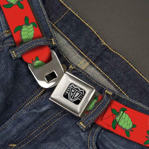 Buckle Down BD Wings Logo CLOSE-UP Full Color Black Silver Seatbelt Belt - Sea Turtles Red/Green Webbing