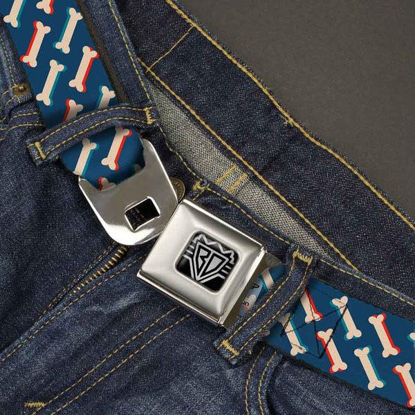 Buckle Down BD Wings Logo CLOSE-UP Full Color Black Silver Seatbelt Belt - Bones Blue/Tan/Red Webbing