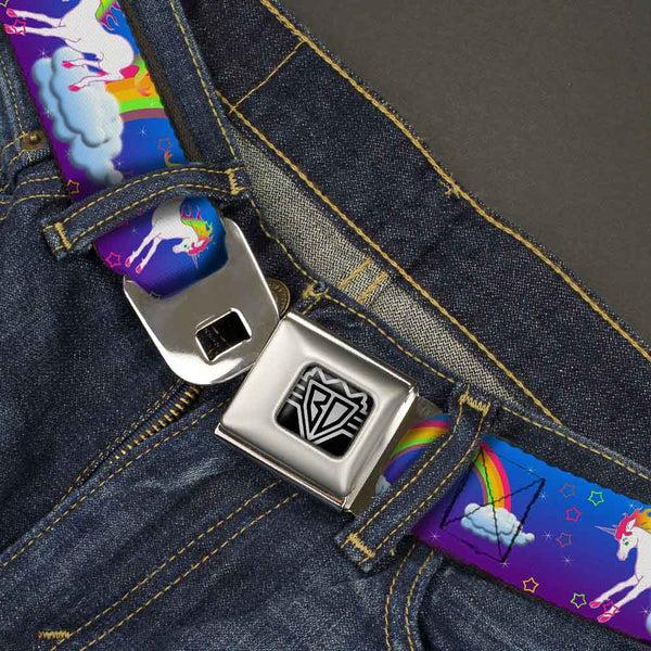 Buckle Down BD Wings Logo CLOSE-UP Full Color Black Silver Seatbelt Belt - Unicorns/Rainbows/Stars Blue/Purple Webbing