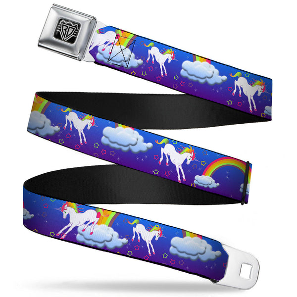 buckle down BD Wings Logo CLOSE-UP Full Color Black Silver Seatbelt Belt - Unicorns/Rainbows/Stars Blue/Purple Webbing