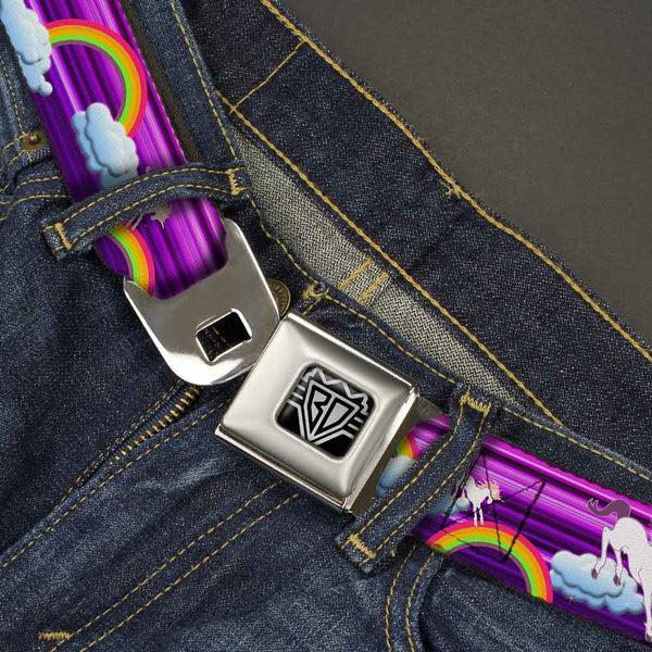 Buckle Down BD Wings Logo CLOSE-UP Full Color Black Silver Seatbelt Belt - Unicorns/Rainbows W/Stripes Purple Webbing