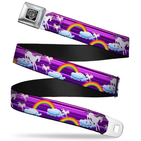 buckle down BD Wings Logo CLOSE-UP Full Color Black Silver Seatbelt Belt - Unicorns/Rainbows w/Stripes Purple Webbing