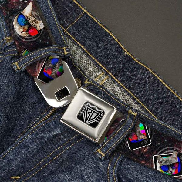 Buckle Down BD Wings Logo CLOSE-UP Full Color Black Silver Seatbelt Belt - 3-D TV Cats In Space Webbing